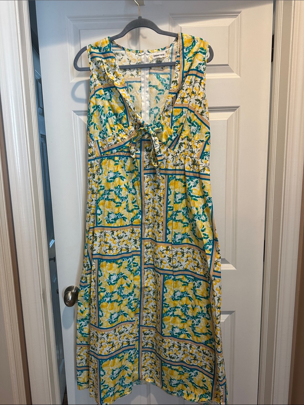 Sleeveless Yellow & Teal Lemon 🍋 Tie-Front Midi Dress